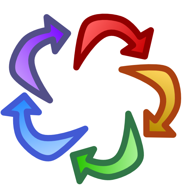 5 curved arrows form a circle by pointing to each other. Each arrow is a different color, red, yellow, green, blue, and purple. The start of each arrow is lighter than its point. The image has dark line art.